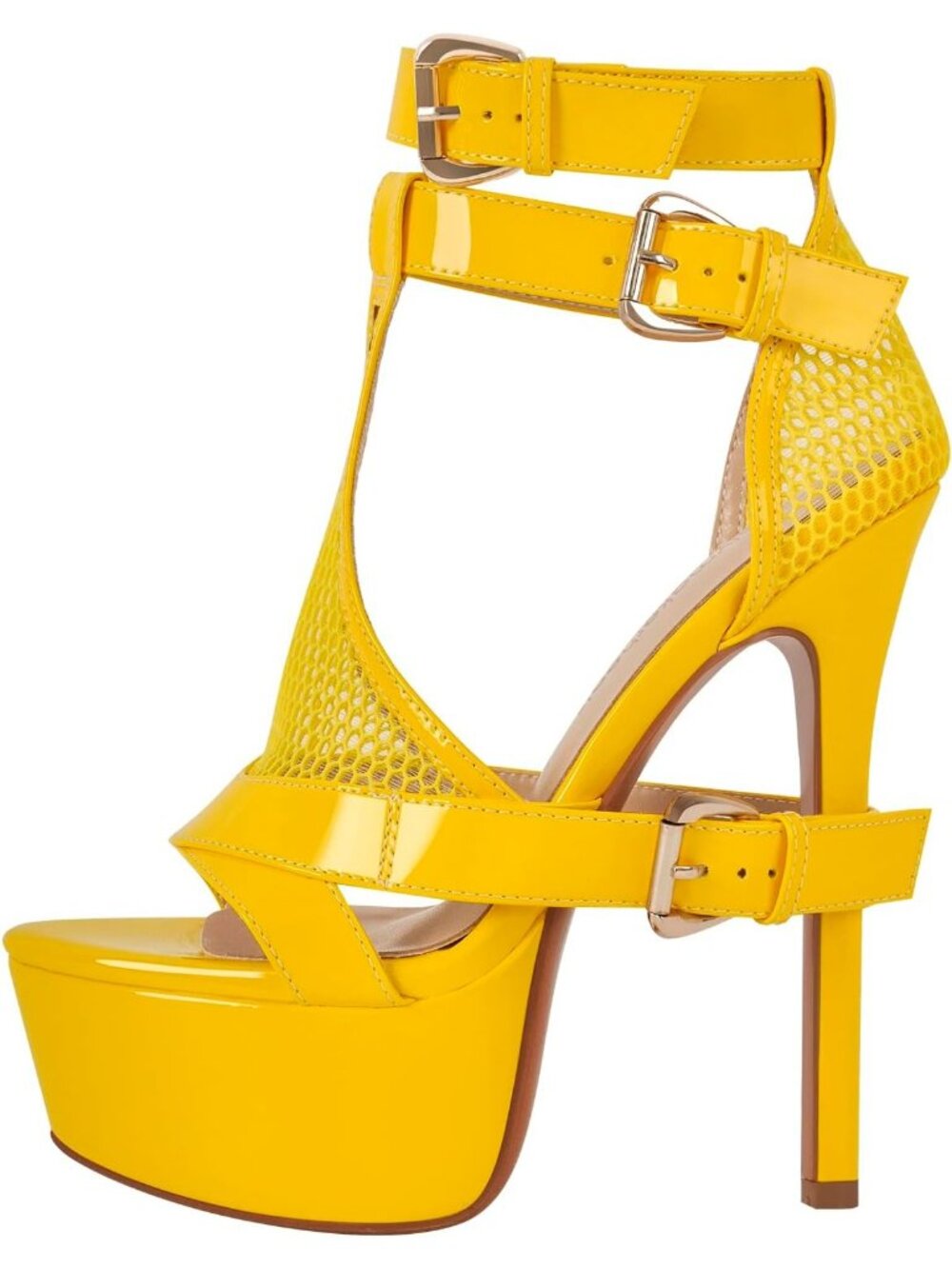 Women's Yellow Stiletto High Heel Mesh Buckle Open Toe Ankle Strap Dress Sandals